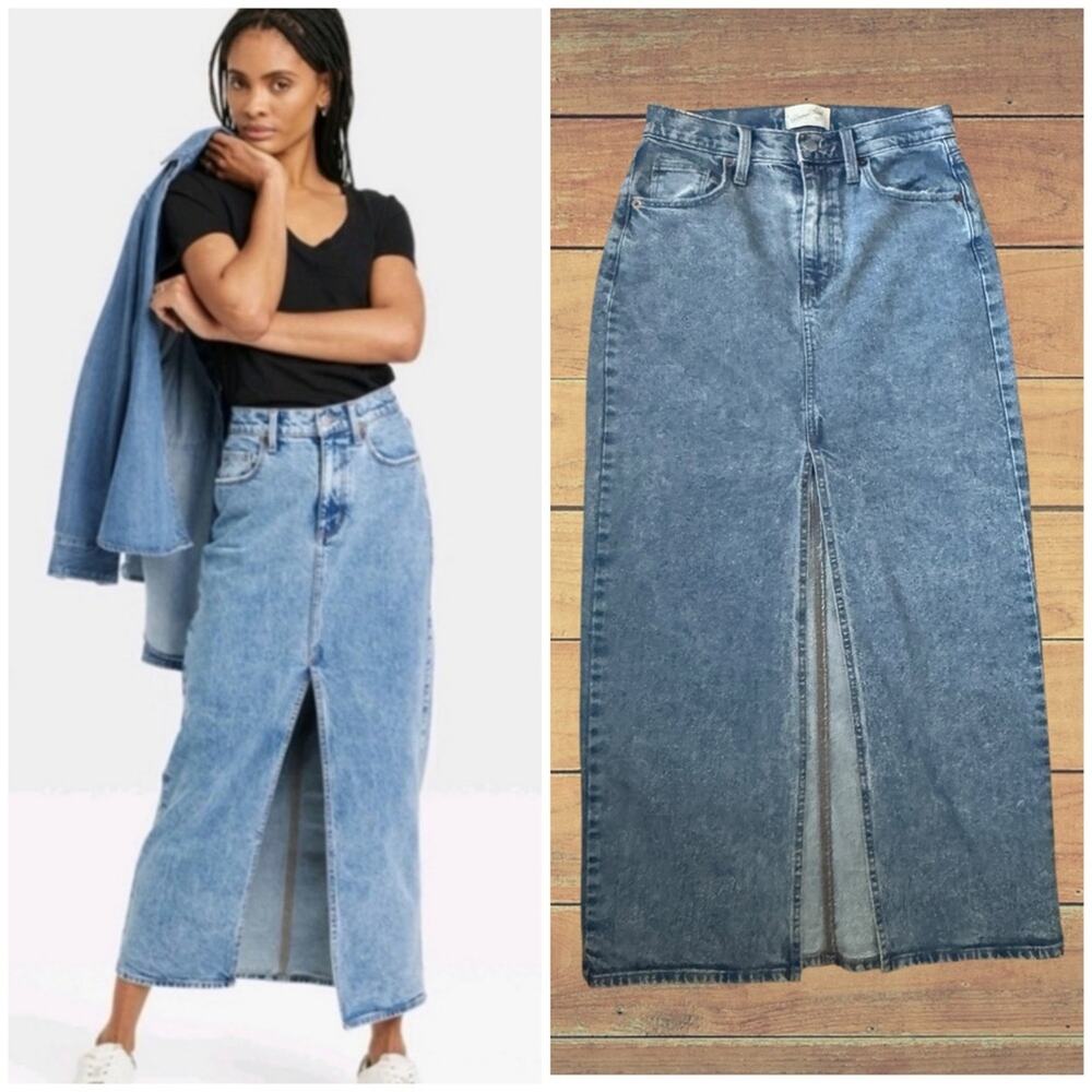 NEW Universal Thread Light Blue Denim Maxi Skirt with Front Slit, Size 4